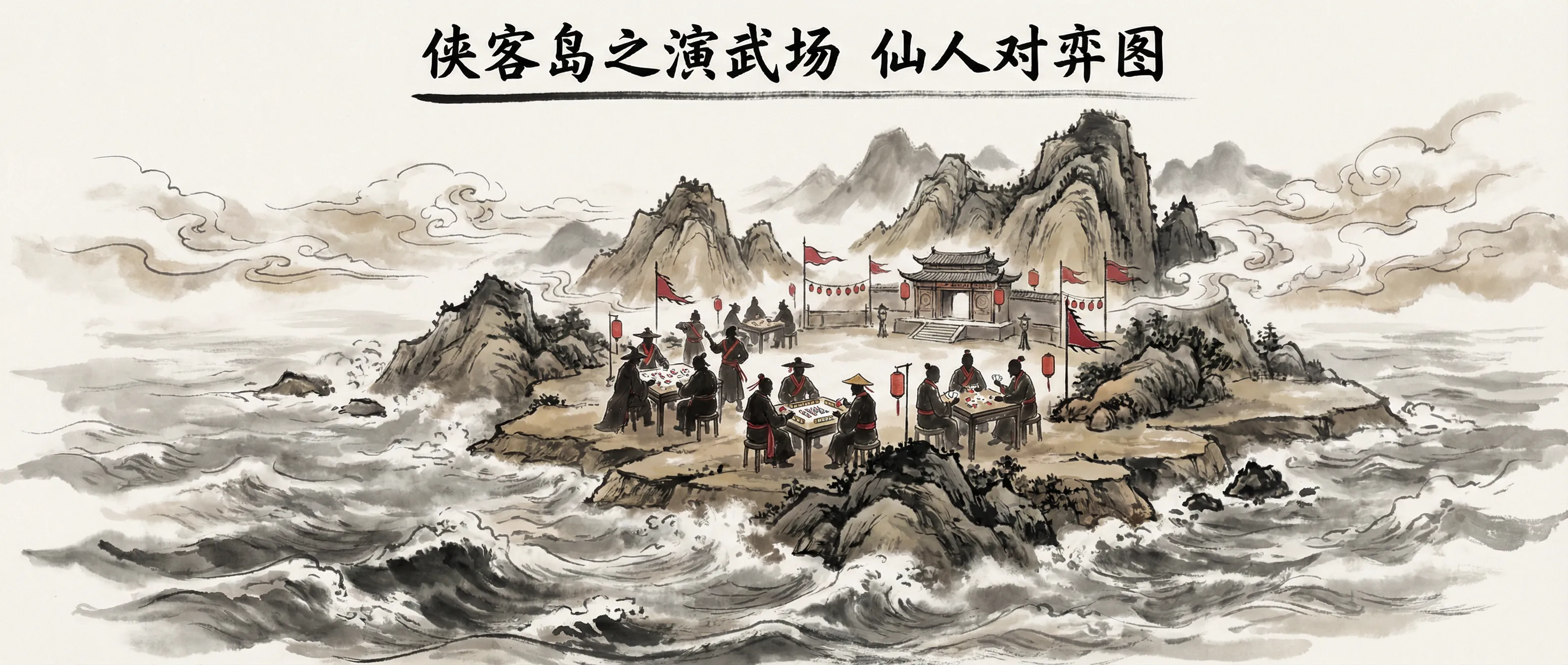 侠客岛水墨山水全景图，云雾缭绕的博弈圣地